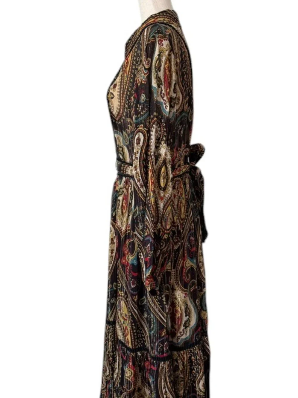 Paisley Print Maxi Dress Black Gold Teal Tiered Long Sleeve Collared Boho Belt - Picture 3 of 7